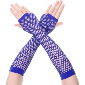 Women's Rhinestone Royal Blue  Sparkly Halloween Cosplay Fingerless Long Gloves